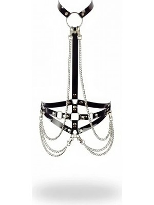 Pileli Store Siyah Kadın Kemer Zincirli Suni Deri Vücut Aksesuarı - APFT10