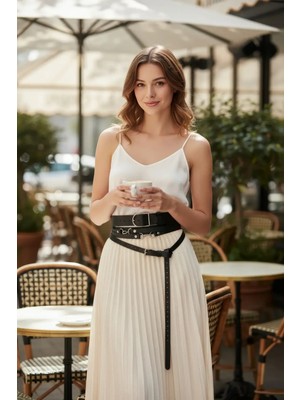 Pileli Store Siyah Kadın Kemer Kalın ve Ince Ikili Bel Aksesuarı - APFT1129