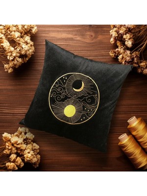 Harmony Factory Nakışlı Kadife Kırlent Kılıfı Güneş Ay Siyah Işlemeli Dekoratif Yastık Kılıfı