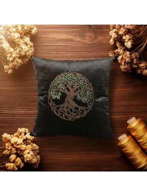 Harmony Factory Nakışlı Kadife Kırlent Kılıfı Hayat Ağacı Işlemeli Dekoratif Yastık Kılıfı