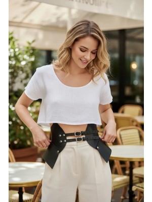 Pileli Store Siyah Kadın Kemer Çift Tokalı Geniş Korse Kemer - APFT1010