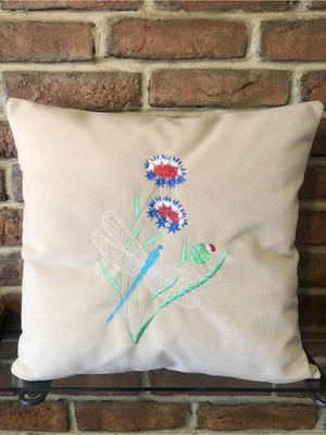 Harmony Factory Nakışlı Kadife Bej Kırlent Kılıfı Yusufçuk Işlemeli Dekoratif Yastık Kılıfı