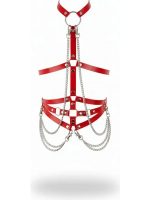 Pileli Store Kırmızı Kadın Kemer Zincir Detaylı Parlak Deri Vücut Kemer - APFT10