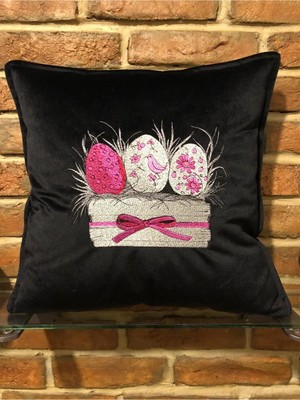 Harmony Factory Nakışlı Kadife Kırlent Kılıfı Paskalya Yumurta Sepeti Kuş Yastık Kılıfı
