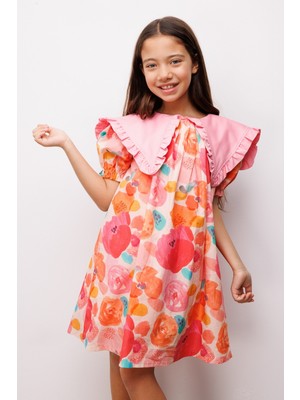 Le Mabelle Pudra Sivri Yakalı Çiçek Desenli Kız Çocuk Elbise - Megan