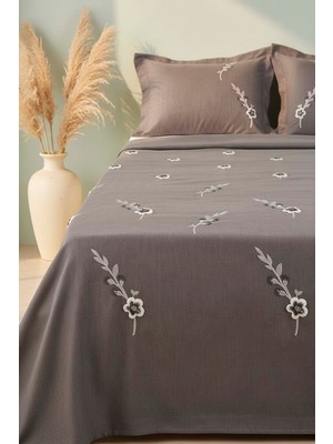 Antrasit Seren Desen Çift Kişilik Nakışlı Yatak Örtüsü Seti