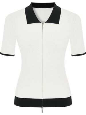 Kameya Fermuarlı Kontrast Yaka Triko Bluz