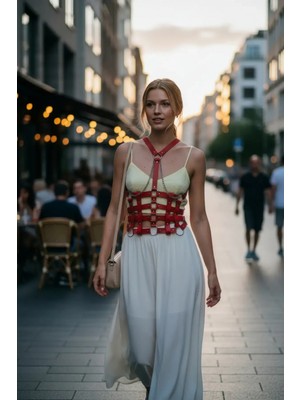 Pileli Store Kırmızı Kadın Kemer Korse Yapılı Zincir Detaylı - APFT1072