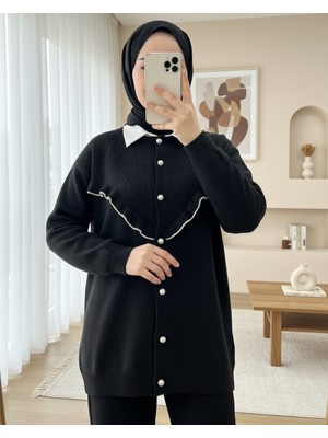 Modamorfo Önü Fırfırlı Incili Düğmeli Triko Hırka -Siyah