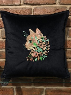 Harmony Factory Siyah Kadife Kırlent Kılıfı Nakışlı Çiçekli Kedi Tasarımlı Dekoratif Yastık