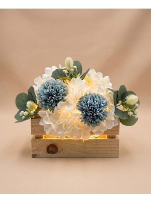 3'lü Set Dekoratif Işıklı Ahşap Duvar Saksısı - LED Ortanca Aranjmanlı Balkon & Bahçe & Duvar Süsü