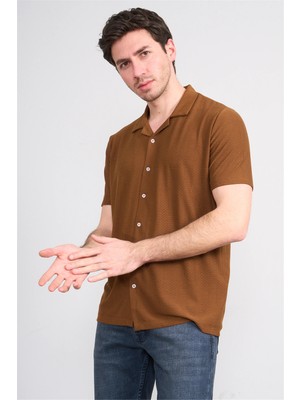 Mentality 4573 Erkek Apaş Yaka Kısa Kol Regular Örme Gömlek Kahve