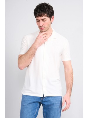 Mentality 4573 Erkek Apaş Yaka Kısa Kol Regular Örme Gömlek Beyaz
