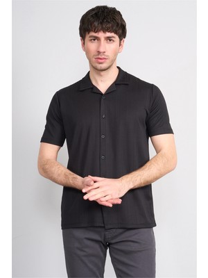 Mentality 4577 Erkek Apaş Yaka Kısa Kol Regular Örme Gömlek Siyah