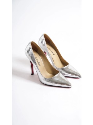 Ayakkabı Ateşi Gümüş Parlak Yılan Kadın Ince Topuklu Ayakkabı Stiletto Yoshi