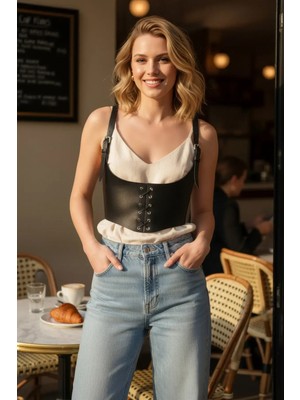 Pileli Store Siyah Kadın Kemer Bağcıklı Korse Tipi Geniş Bel Aksesuarı - APFT1428