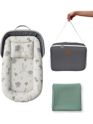 NGN Collection Çantalı Baby Nest + 4 Katlı Müslin Battaniye Taşınabilir Anne Yanı Yatağı Yenidoğan Gri Nest