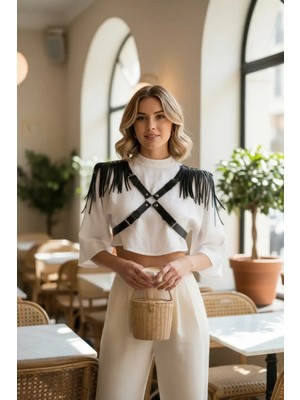 Pileli Store Siyah Kadın Kemer Püskül Detaylı Deri Vücut Aksesuarı - APFT1240