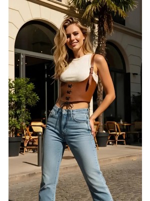 Pileli Store Taba Kadın Kemer Geniş Bağcıklı Korsaj Detaylı - APFT1428
