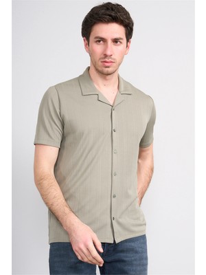Mentality 4577 Erkek Apaş Yaka Kısa Kol Regular Örme Gömlek Haki