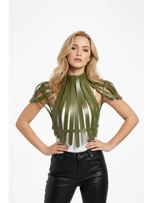 Pileli Store Haki Kadın Kemer Deri Zımbalı Yüksek Yaka Korse - APFT1257