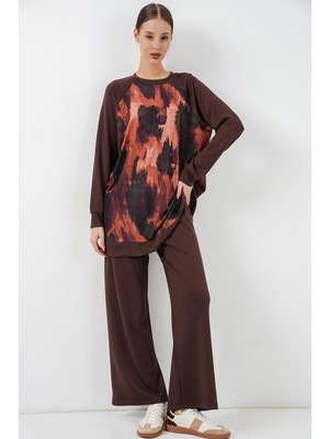 Bigdart Kadın Desenli Oversize Tunik Pantolon Ikili Takım 55462 - Kahverengi