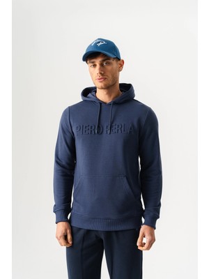 Piero Perla Gofre Baskı Logolu Regular Fit Kapüşonlu Erkek Lacivert Hoodie