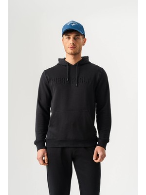 Piero Perla Gofre Baskı Logolu Regular Fit Kapüşonlu Erkek Siyah Hoodie