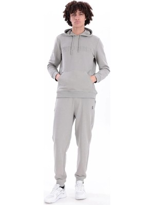 Piero Perla Gofre Baskı Logolu Regular Fit Kapüşonlu Erkek Açık Gri Hoodie