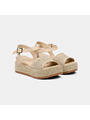 Desa Kadın Bej Tek Bantlı Dolgu Topuklu Hasır Sandalet