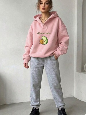Trendseninle Pembe Gri Mamacado Baskılı Relax Yaka Eşofman Takımı