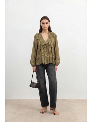 Antioch Haki Fırfırlı Kadın Gömlek