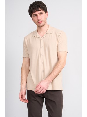 Mentality 4571 Erkek Apaş Yaka Kısa Kol Regular Örme Gömlek Taş