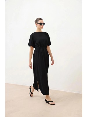 Antioch Siyah Balon Kol Midi Kadın Elbise