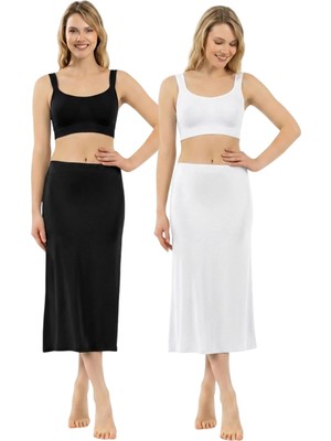 Arma Yıldız Kadın Viskon Kumaş Diz Altı Uzun Etek Elbise Astarı Jüpon Kombinezon 2'li Paket Siyah Beyaz