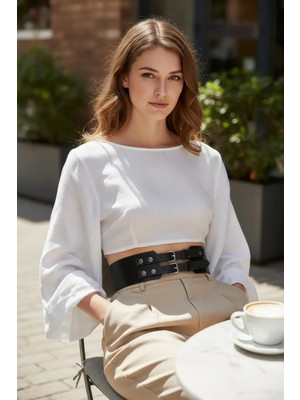 Pileli Store Siyah Kadın Kemer Kalın Çift Tokalı Bel Aksesuarı - APFT1203