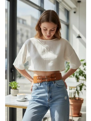 Pileli Store Taba Kadın Kemer Kalın Çift Tokalı Bel Aksesuarı - APFT1203