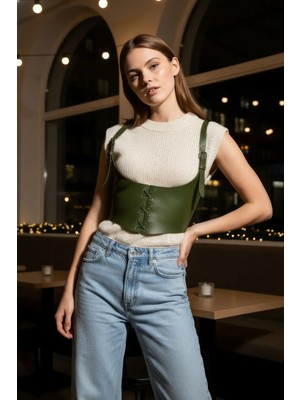 Pileli Store Haki Kadın Kemer Bağcıklı Suni Deri Korse Kemer - APFT1428