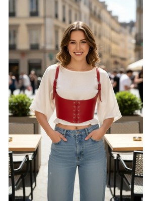 Pileli Store Kırmızı Kadın Kemer Bağcıklı Korse Stil Geniş Bel - APFT1428