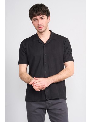 Mentality 4570 Erkek Apaş Yaka Kısa Kol Regular Örme Gömlek Siyah