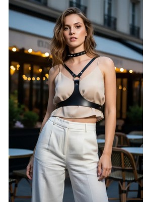 Pileli Store Siyah Kadın Kemer Deri Göğüs Üstü Vücut Aksesuarı - APFT1299