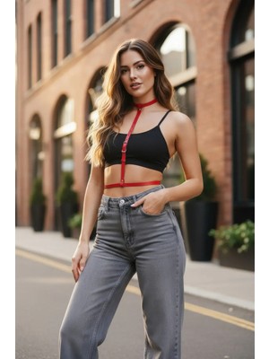 Pileli Store Kırmızı Kadın Kemer Ince Deri Çok Bantlı Vücut Aksesuarı - APFT188