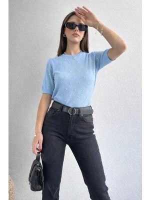 ribana Kadın Bisiklet Yaka Kısa Kollu Baklava Desenli Taş Detaylı Triko Bluz 4193