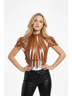 Pileli Store Taba Kadın Kemer Zımba Detaylı Deri Korse Yelek - APFT1257