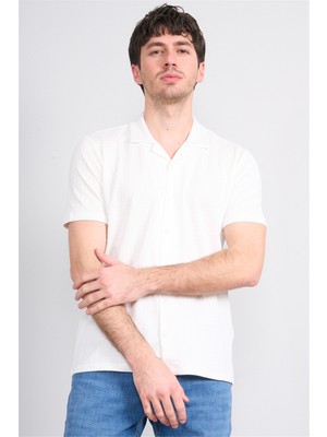 Mentality 4570 Erkek Apaş Yaka Kısa Kol Regular Örme Gömlek Beyaz