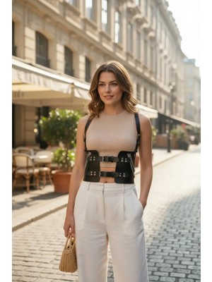 Pileli Store Siyah Kadın Kemer Korse Kesimli Zincir Detaylı - APFT1300