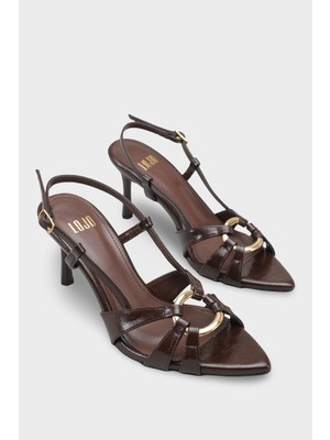 LOJO Kadın Sivri Burun Gold Tokalı Arkası Bantlı Topuklu Günlük Sandalet Maiyras Kahve