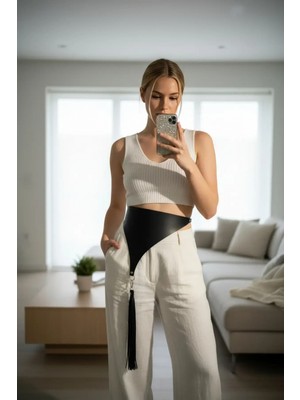 Pileli Store Siyah Kadın Kemer Geniş Asimetrik Kesimli Püskül Detaylı - APFT1198