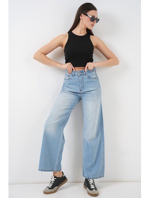 Bigdart Kadın Bol Paça Yüksek Bel Palazzo Kot Pantolon 6656 - Açık Mavi