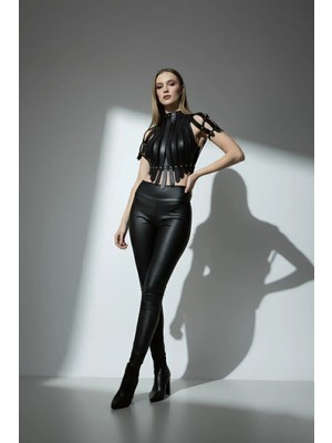 Pileli Store Siyah Kadın Kemer Deri Zımba Detaylı Vücut Aksesuarı - APFT1257